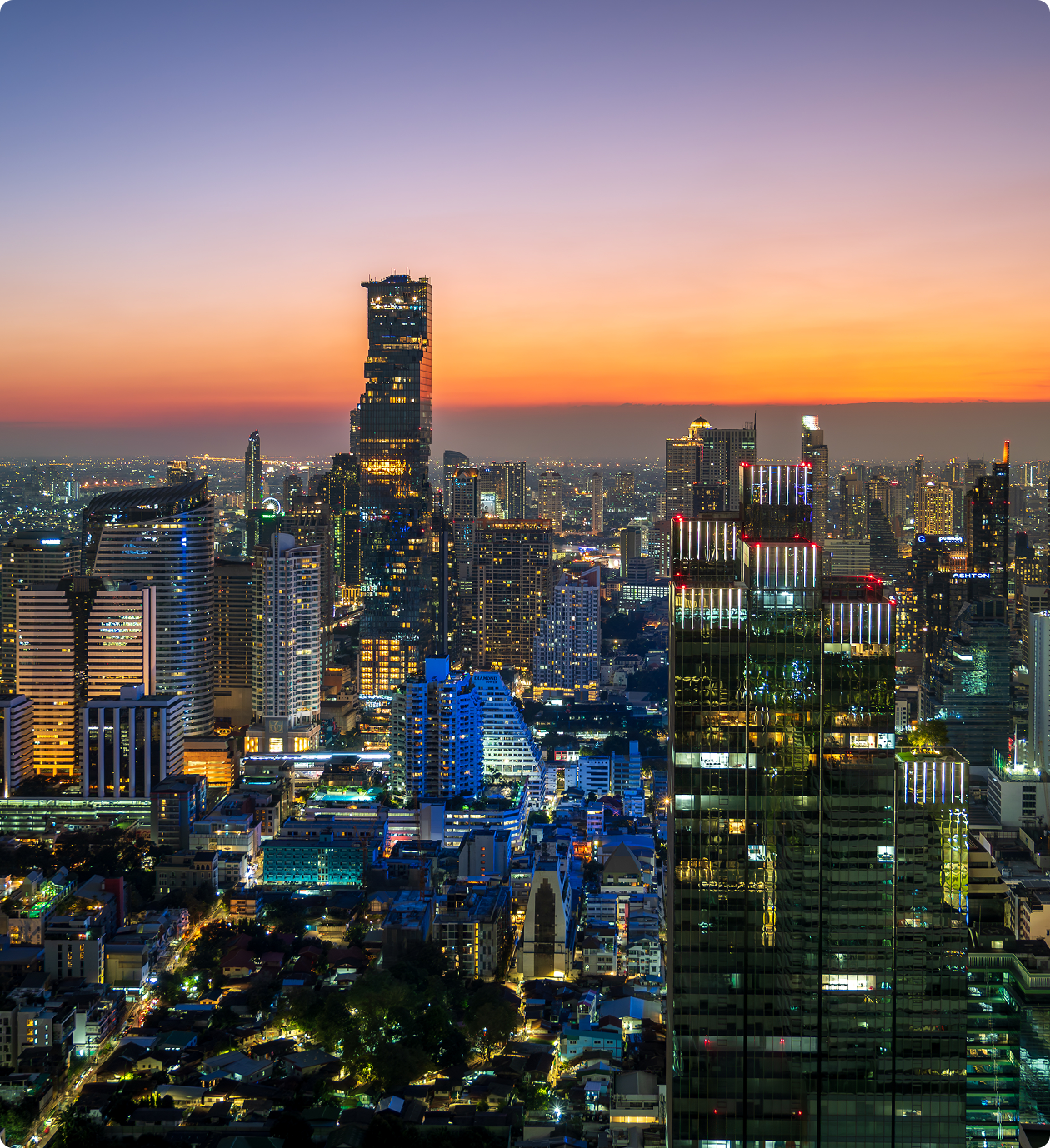 City skyline at sunset